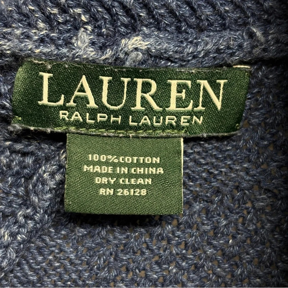 Lauren Ralph Lauren Blue Distressed Cable Knit Poncho Sweater Pullover OS Cotton - Picture 3 of 5